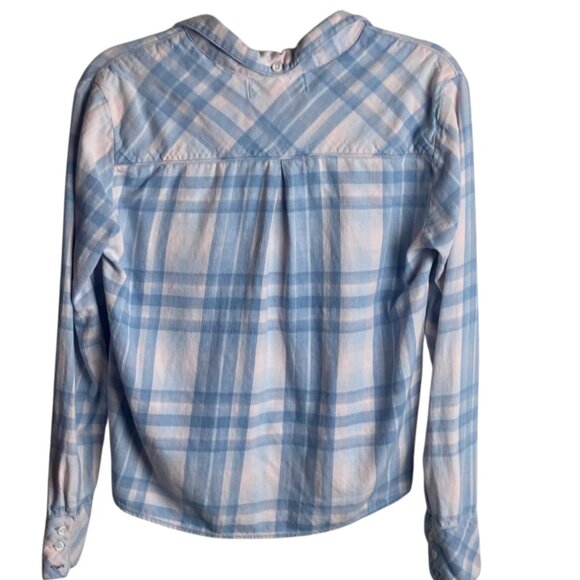 Cloth & Stone Size S Flannel Button Down Tie Shirt Blue Pink Pastel Plaid Boho - Picture 5 of 6